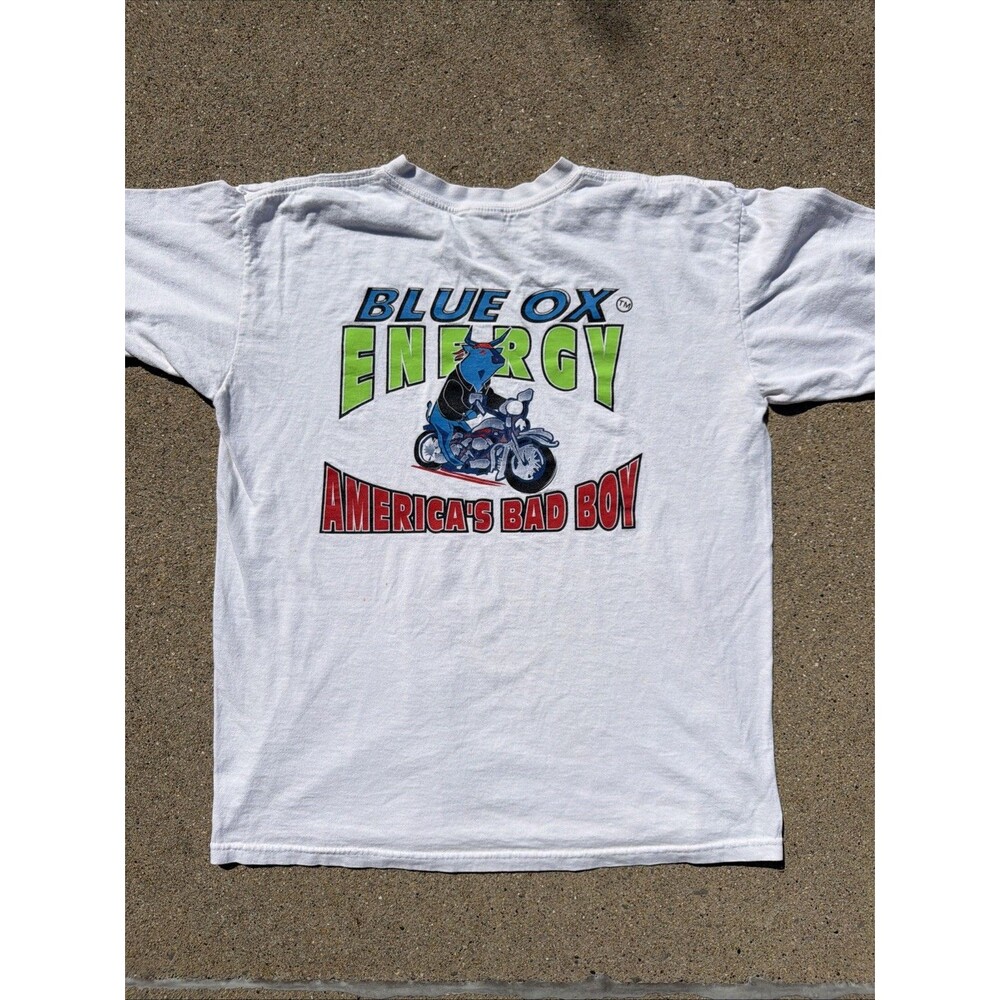 Vintage Anvil Blue Ox Energy America's Bad Boy Large White Y2K Shirt